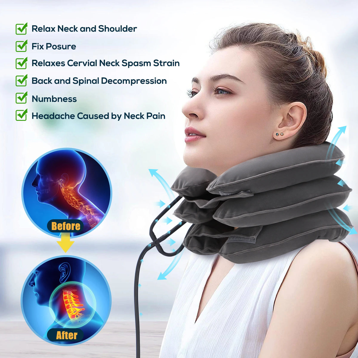 A woman wearing a gray inflatable cervical neck traction pillow for pain relief, demonstrating its use.