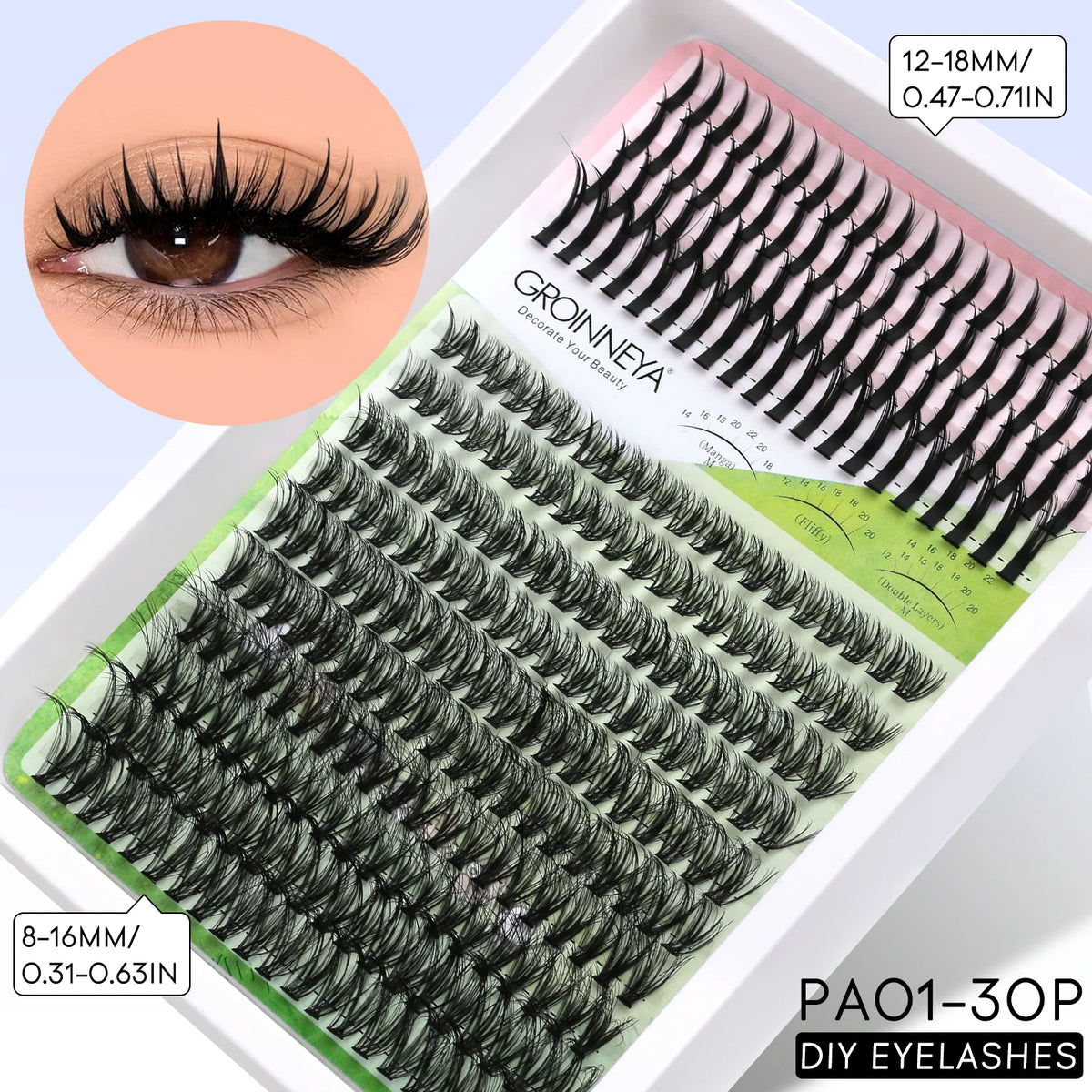 A package of black DIY spiky lash clusters for bold extensions, showing various lengths and styles.
