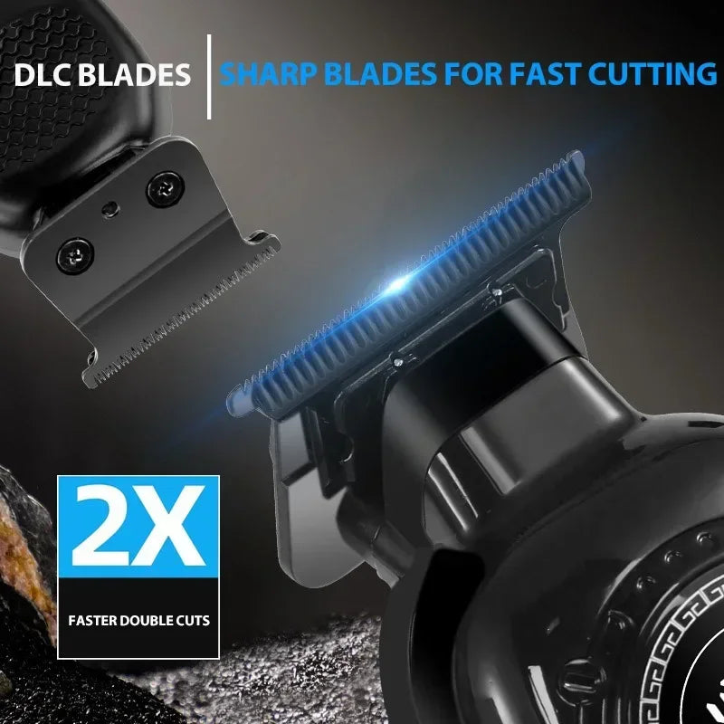 Close-up of DLC blades on a professional electric hair clipper demonstrating sharp cutting for fast double cuts