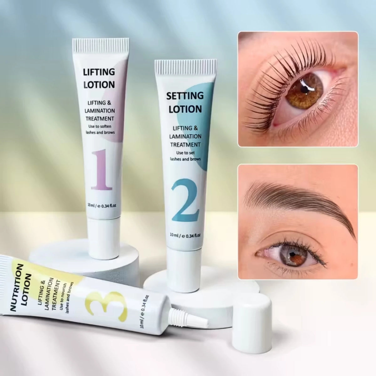 Trois tubes de lotion pour soulever les cils et les sourcils sont présentés avec des gros plans des résultats appliqués.