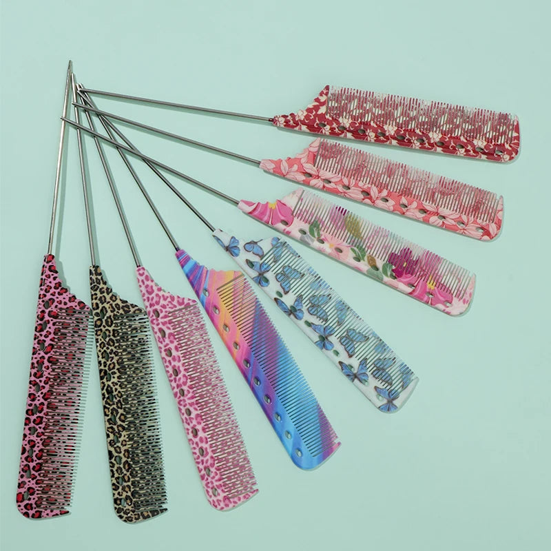 A set of ten anti-static rat tail combs in various floral and patterned colors displayed against a light blue background.