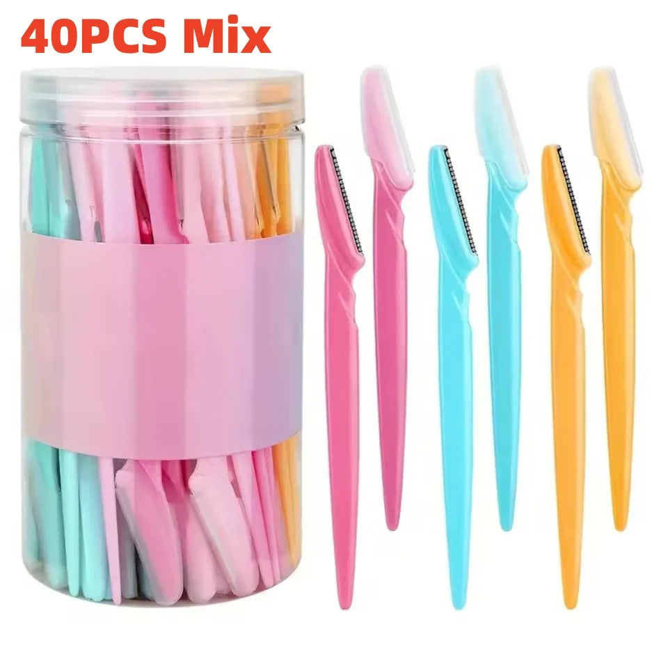 40 pieces mixed eyebrow trimmers in a clear container with various pink, blue, and yellow colors