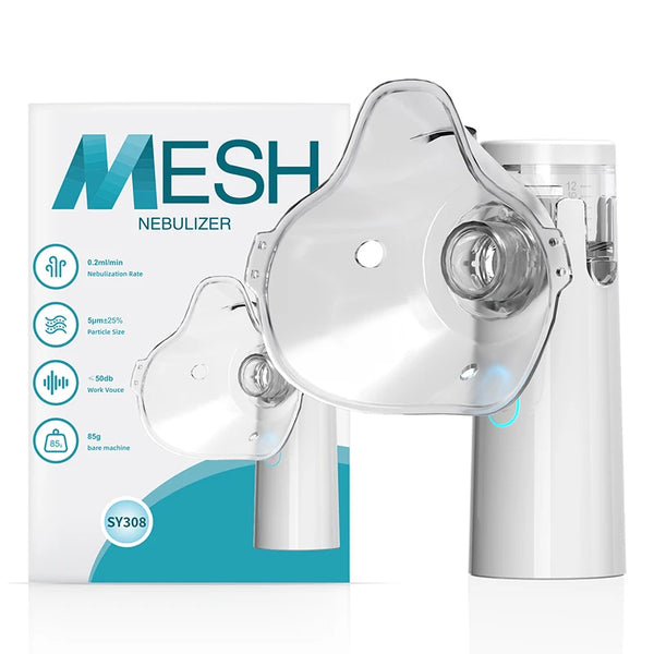 A white mesh nebulizer device and bottle are shown next to its packaging box.