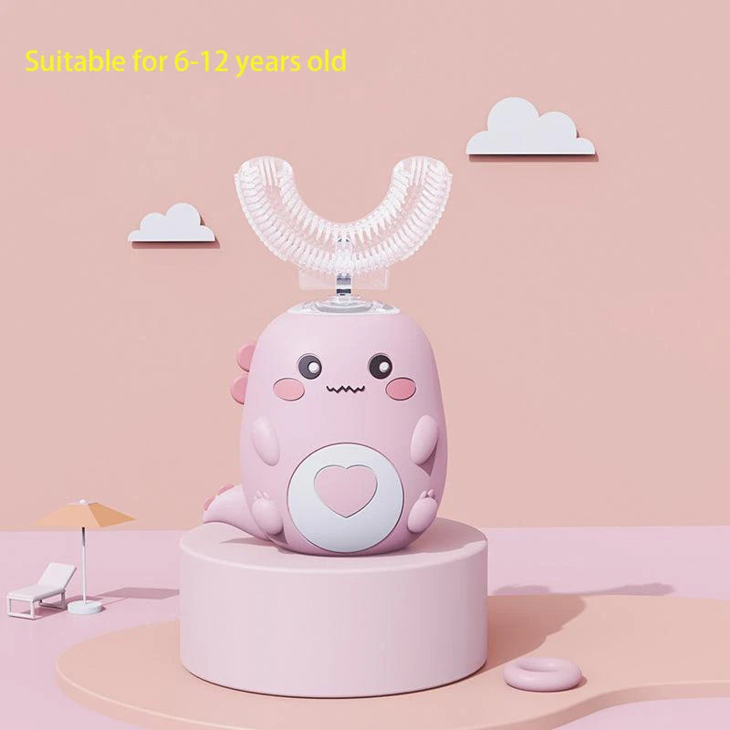A pink cartoon-designed electric U-shaped toothbrush mounted on a stand, suitable for children.