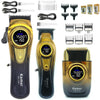 A set of professional cordless hair clippers and accessories including a main clipper and various guards shown in gold and bl