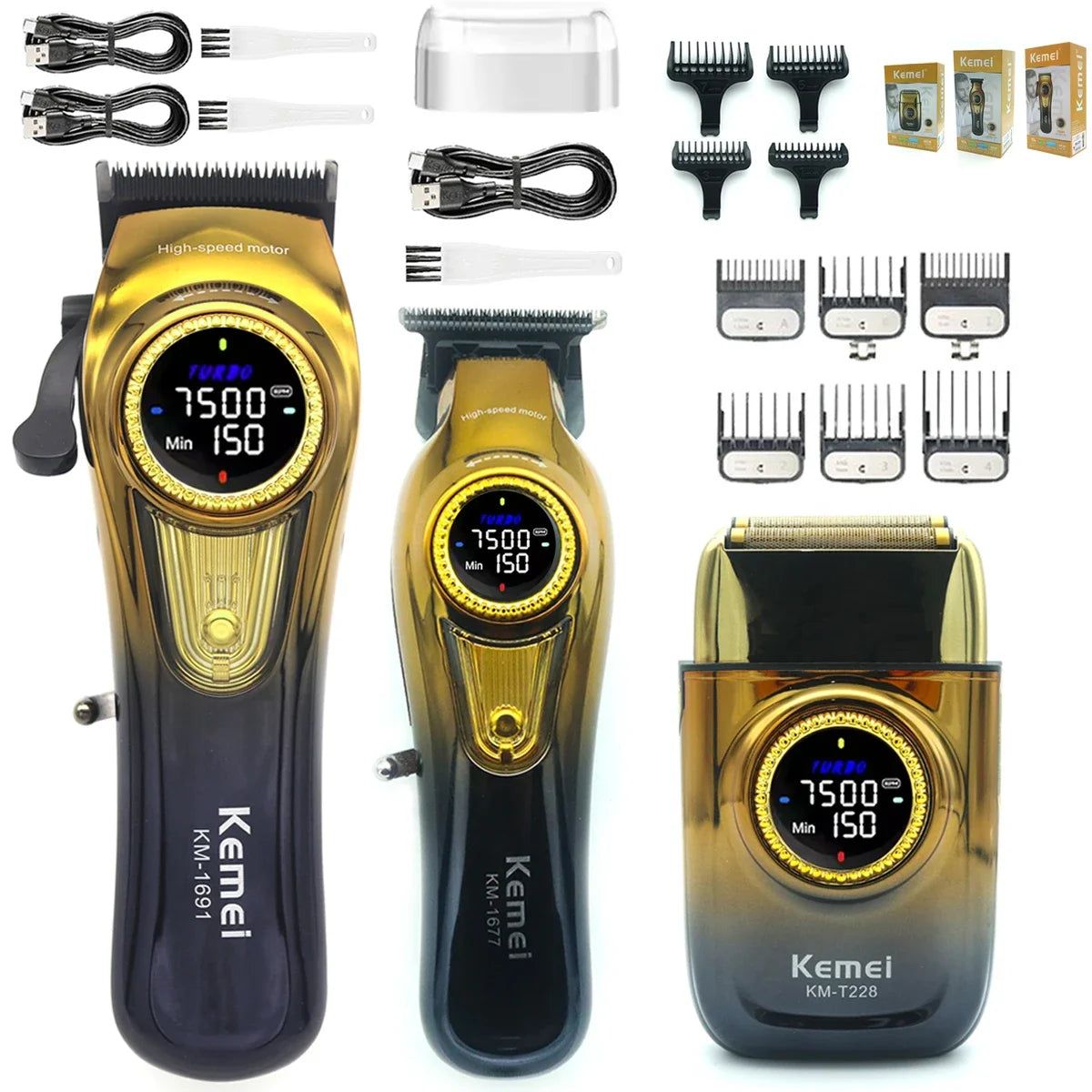 A set of professional cordless hair clippers and accessories including a main clipper and various guards shown in gold and bl