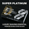 Eine Box für luxuriöse Rasier-Essentials Super Platinum mit 10 Doppelklingen aus Edelstahl.