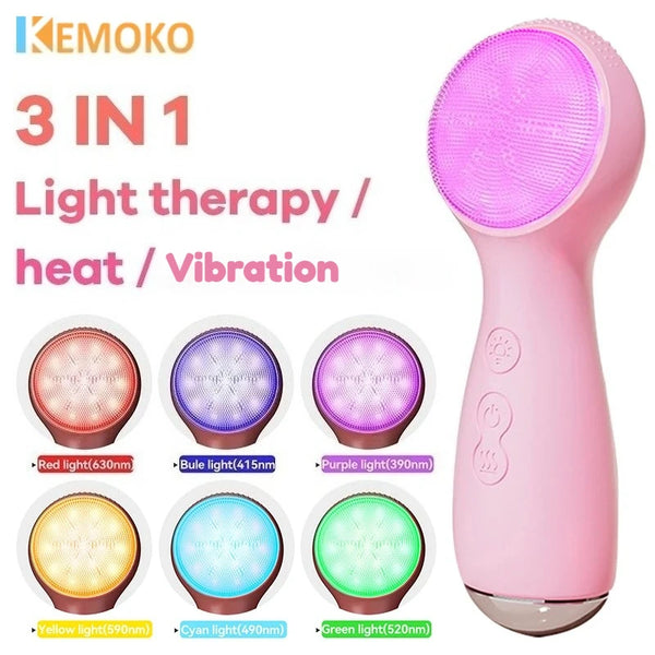 Appareil de thérapie lumineuse rose 3-en-1 avec plusieurs couleurs de LED (rouge, bleu, violet, jaune, cyan et vert).
