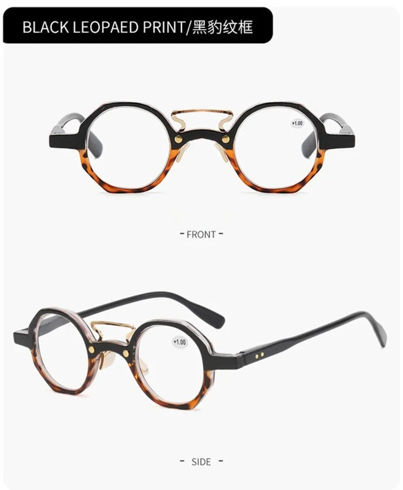 Paire de lunettes rondes à motif léopard noir, vues de face et de profil.