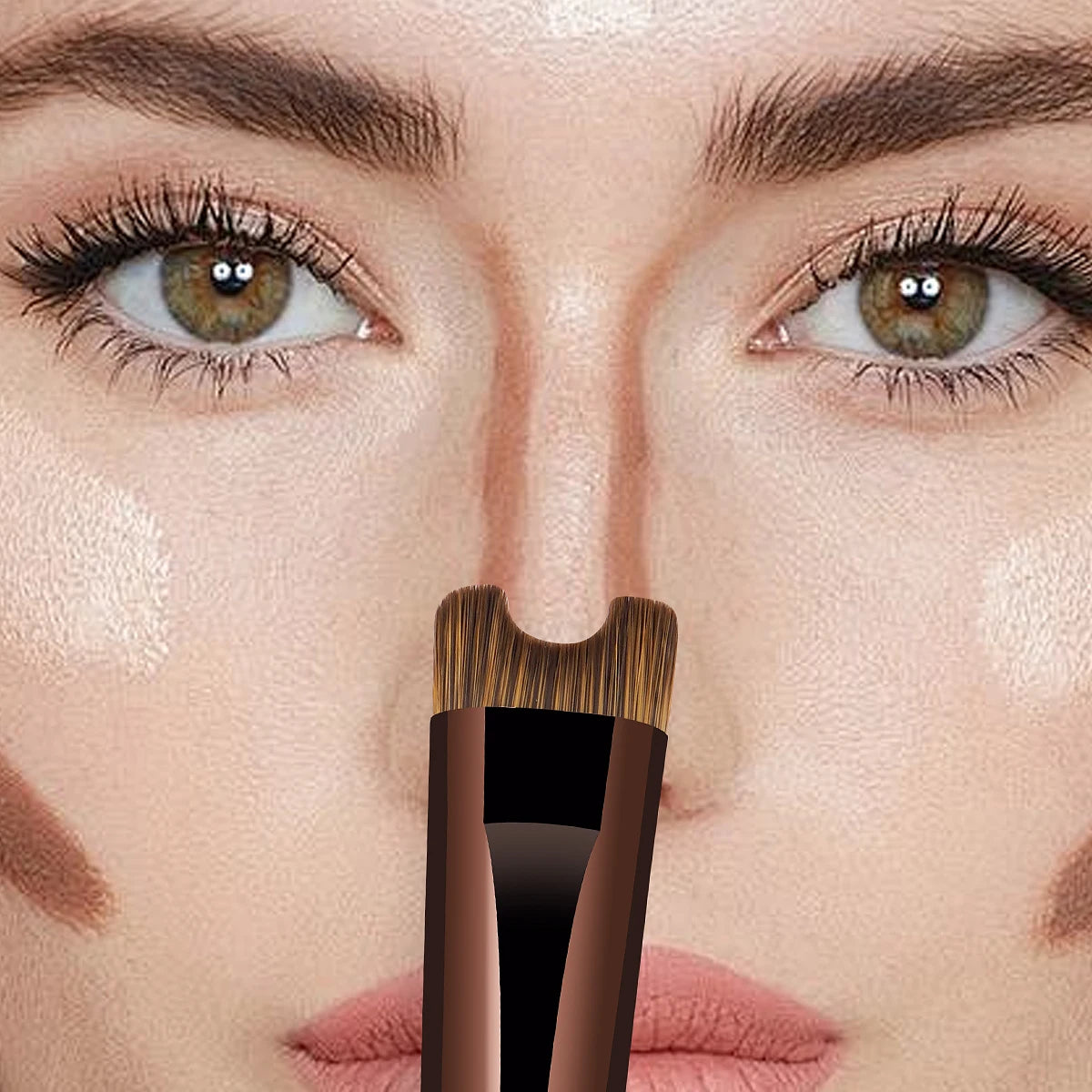 A close-up of a woman's face showing a double-ended contouring makeup brush near her nose and eyes.