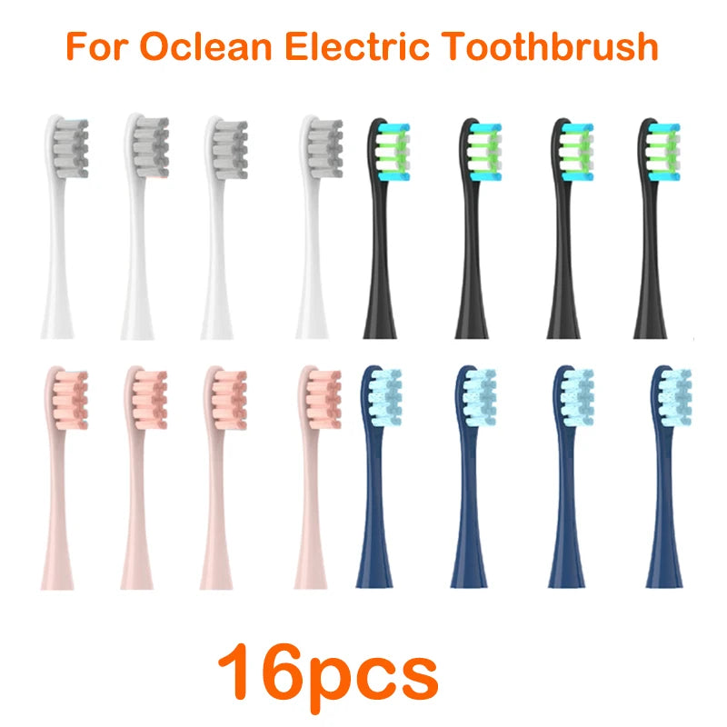 A set of 16 replacement brush heads for an Ocean electric toothbrush in various colors and shapes.