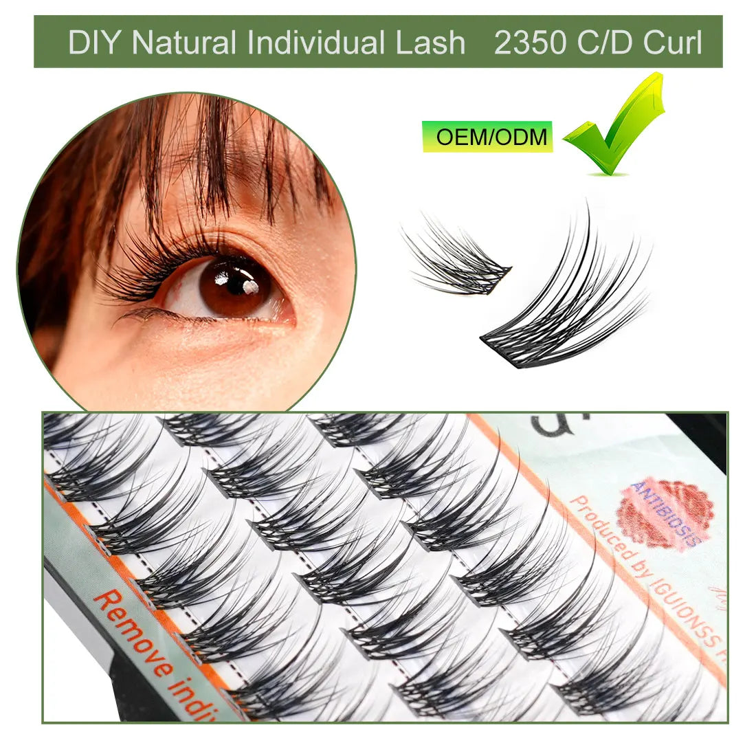 Close-up of natural wispy eyelash extensions being applied to an eye, showing the lash clusters.
