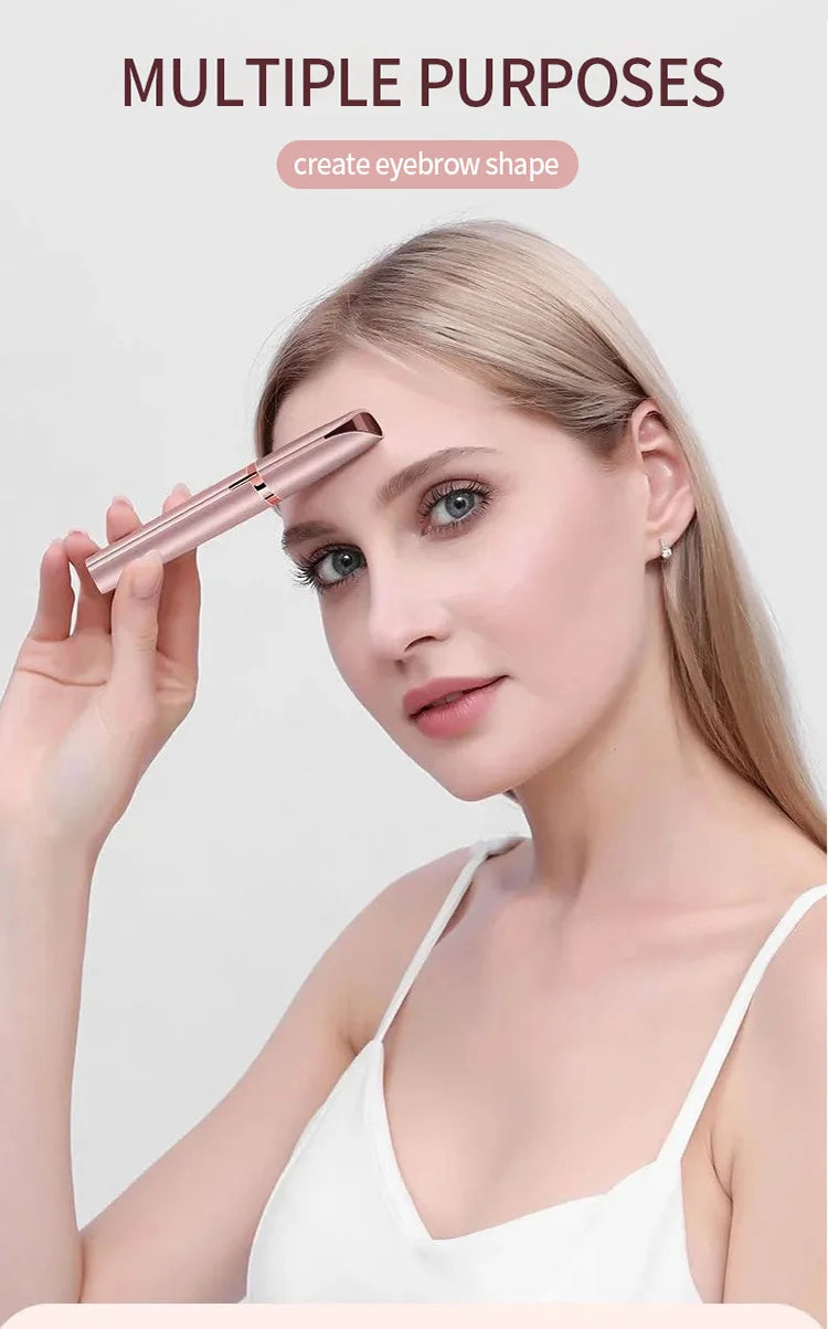 A woman is using a pink electric eyebrow trimmer to create an eyebrow shape on her face.