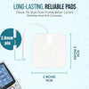 White reusable electrode pads with 2mm pins shown next to a device for muscle stimulation