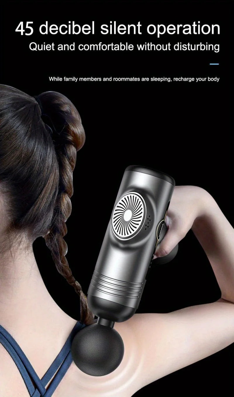 A person is using a handheld deep tissue massage gun with a round head on their arm.