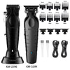 A black professional electric hair clipper grooming kit showing the main unit, various guard attachments, and replacement bla