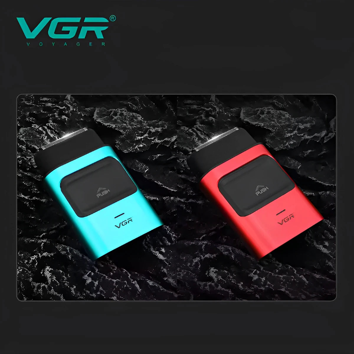 Two VGR electric hair trimmers, one blue and one red, displayed on a dark, textured surface.