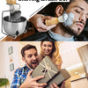 Stainless steel shaving brush set with wood handles and a bowl shown next to a man using it.