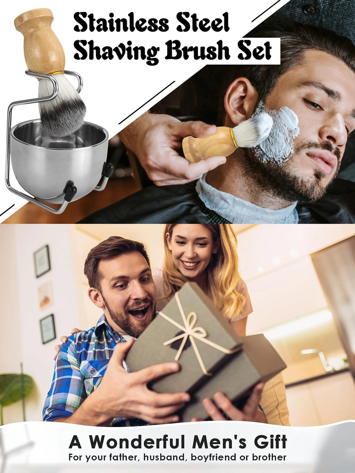 Stainless steel shaving brush set with wood handles and a bowl shown next to a man using it.
