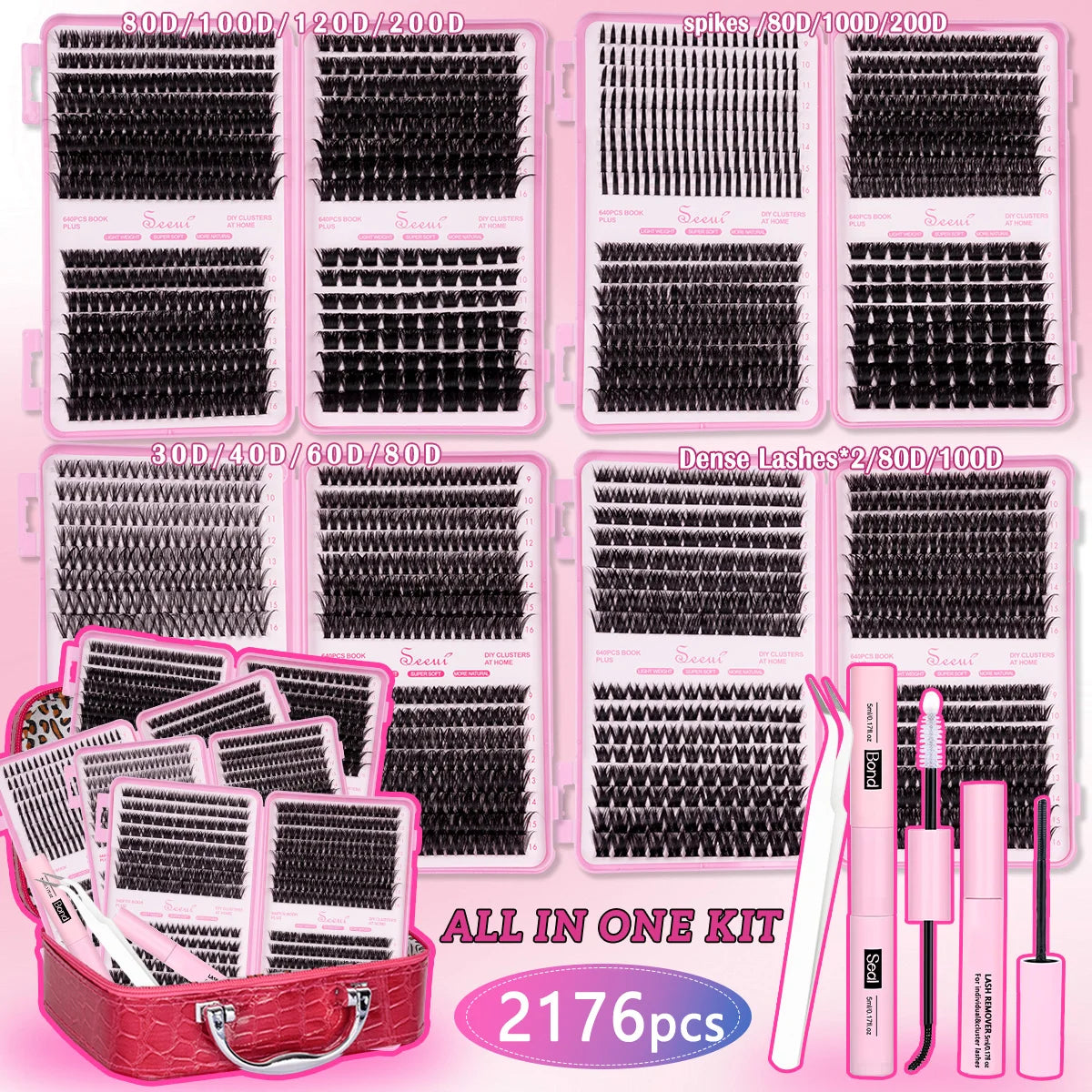 Kit tout-en-un de faux cils professionnels avec divers styles et outils, dans une boîte rose