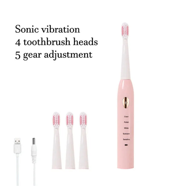 A pink ultrasonic electric toothbrush with four brush heads and a gear adjustment feature shown next to individual heads.