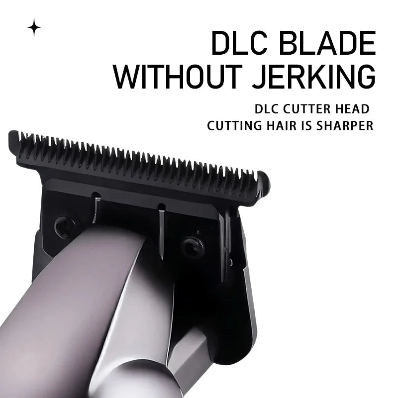 Close-up view of a black hair trimmer blade assembly for a professional cordless hair trimmer.