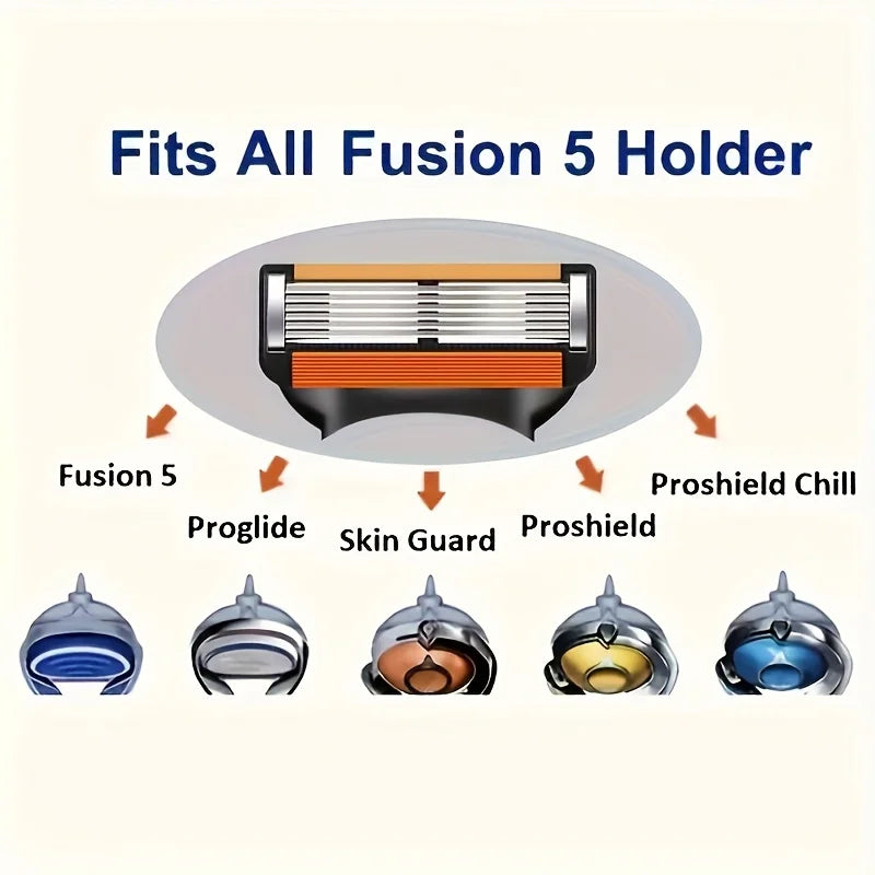 A set of six replacement razor heads for a Fusion 5 holder, including Proglide, Skin Guard, Proshield, and Chill.