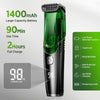A close-up view of a black beard trimmer with a green body and suction design, showing battery life and feature icons.