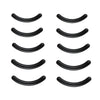 A set of black stainless steel eyelash curler clips arranged in a row.