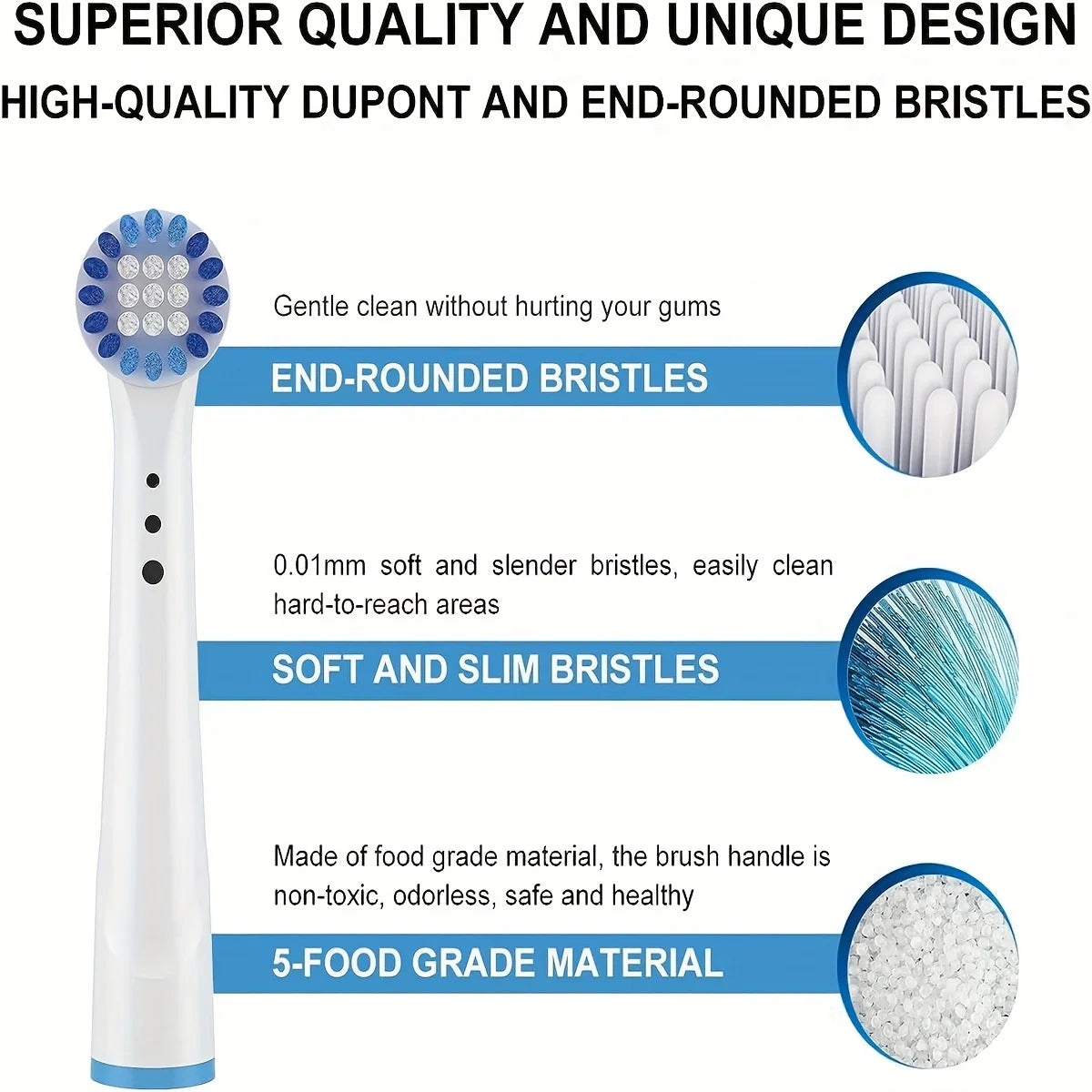 A white toothbrush with end-rounded and soft bristles, made of food grade material.