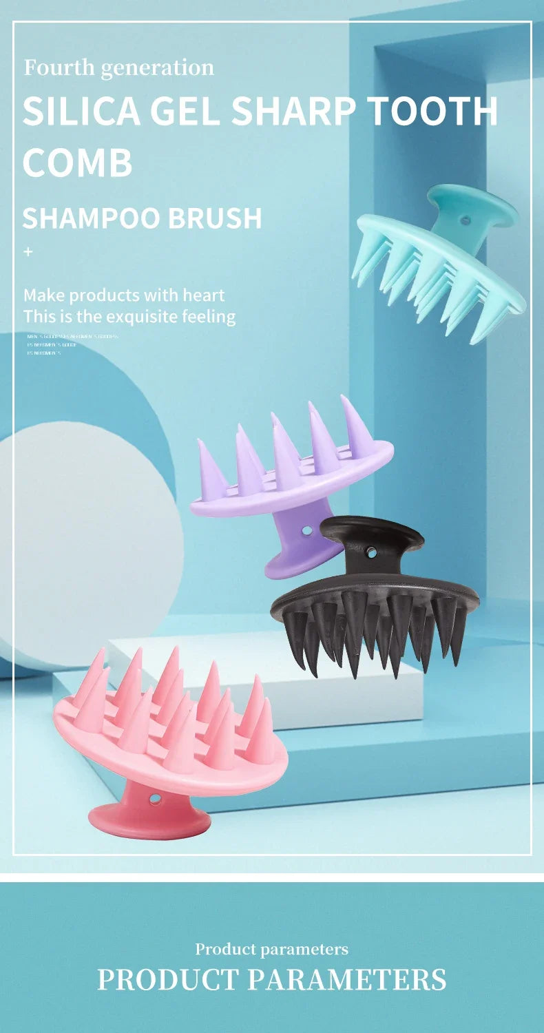 Un set de quatre brosses à dents en gel de silice pour shampoing, en différentes nuances de rose et noir, exposées sur un fon
