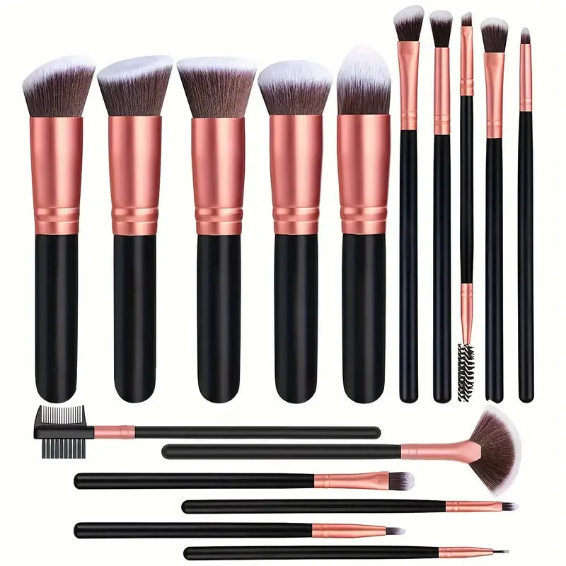 A collection of professional makeup brushes in various sizes and shapes, including foundation, powder, and blending brushes.