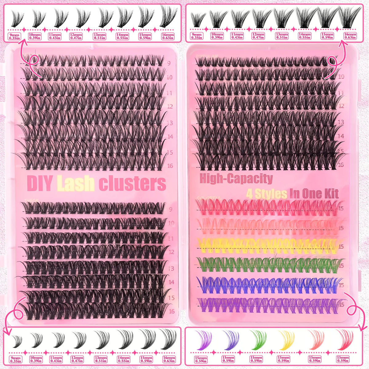 A collection of mixed lash clusters and individual lashes in various styles and lengths for DIY lash application.
