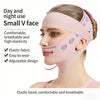 A woman is wearing a pink V-shaped face mask for day and night use, highlighting its elastic fabric and adjustable design.