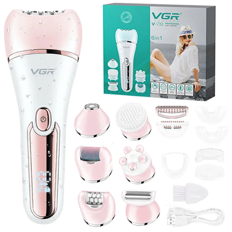 A pink multi-functional electric body and facial epilator device with various attachments shown.