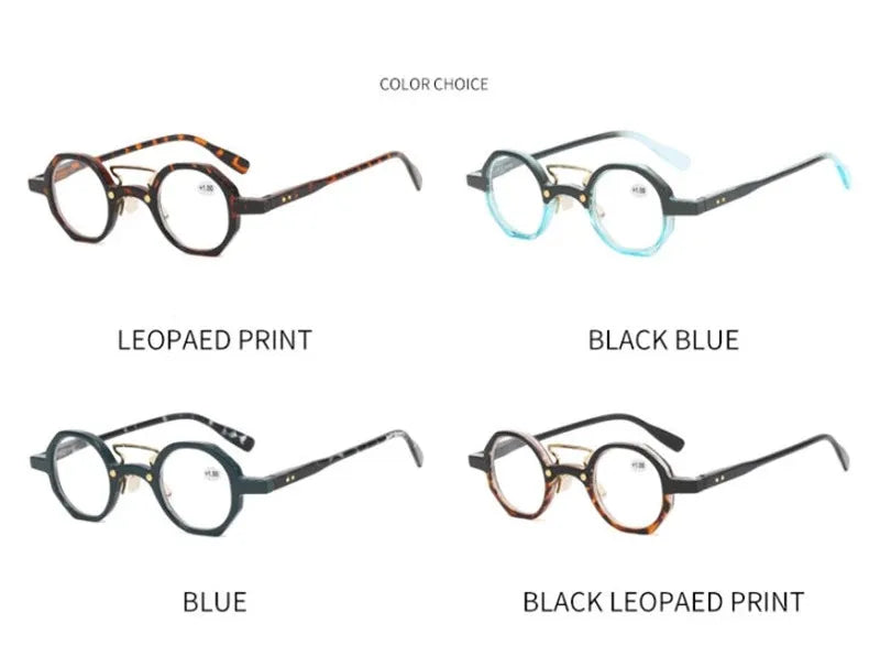 Un ensemble de lunettes rondes dans diverses couleurs, dont noir, bleu et motifs léopard noirs.