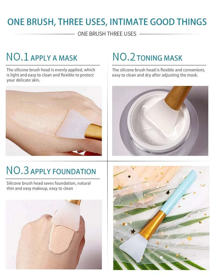 Three uses for a silicone brush including applying a mask, toning mask, and foundation.