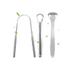 A set of stainless steel tongue scrapers for oral hygiene, including a long scraper and a small scraper.
