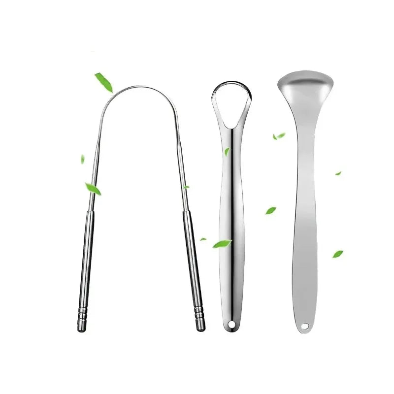 A set of stainless steel tongue scrapers for oral hygiene, including a long scraper and a small scraper.