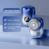 A blue mini electric rechargeable travel shaver with an LED digital display and Type-C charging port.