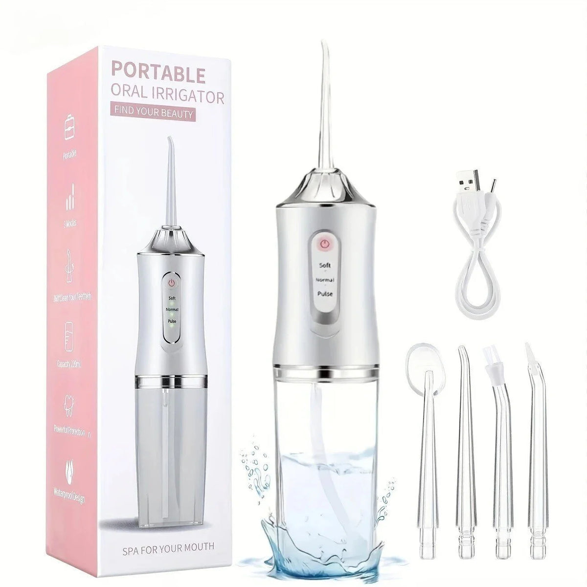 A portable oral irrigator device in silver and white is shown with its components, including a handheld tip and a water bottl