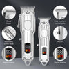 A professional cordless hair clipper set showing various features like a sharp blade, adjustable cutter head, and digital dis