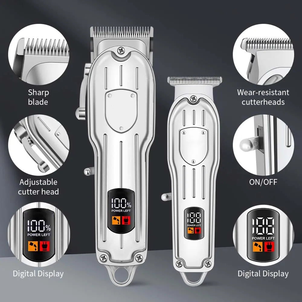 A professional cordless hair clipper set showing various features like a sharp blade, adjustable cutter head, and digital dis