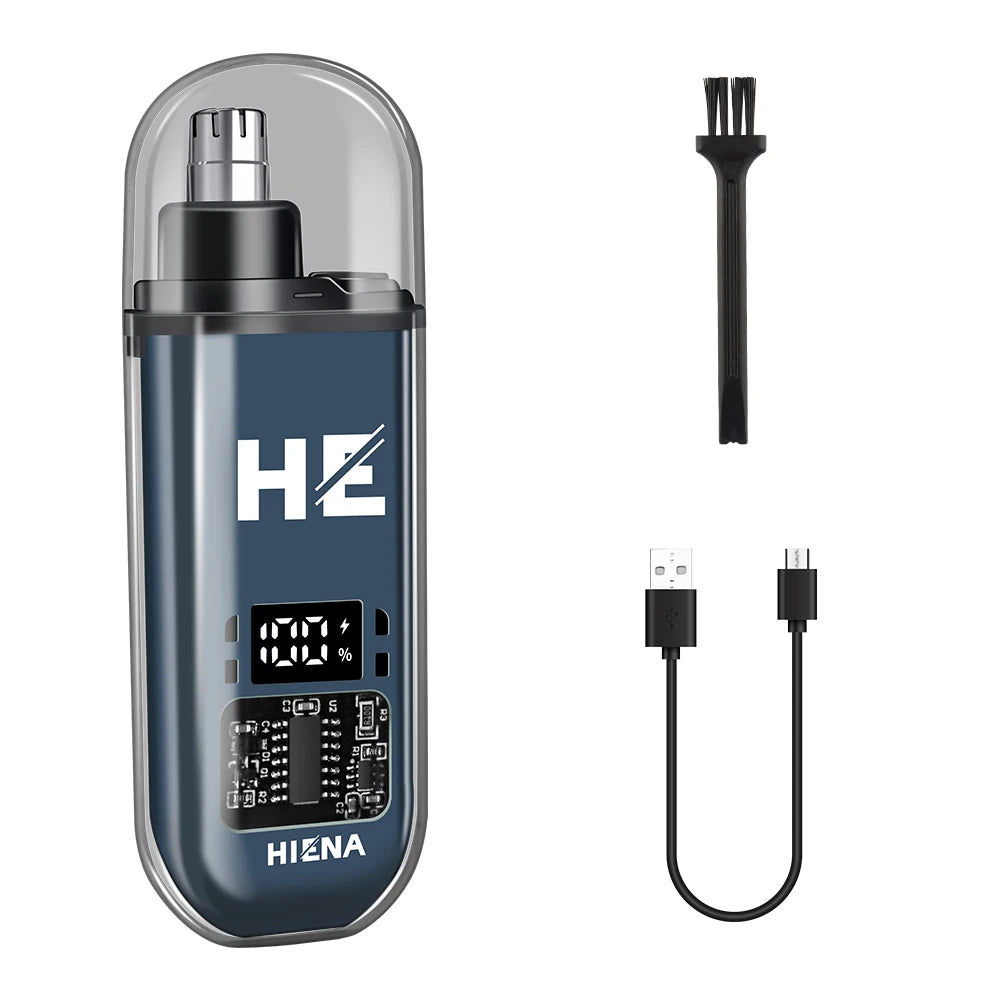A portable electric nose hair trimmer with a black and gray body, featuring a detachable trimmer head and charging cable.