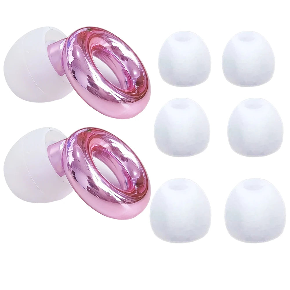 A set of pink silicone noise-cancelling earplugs for sleep and swimming, shown in various shapes.