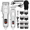 A set of professional cordless hair clippers and combs in silver and black.