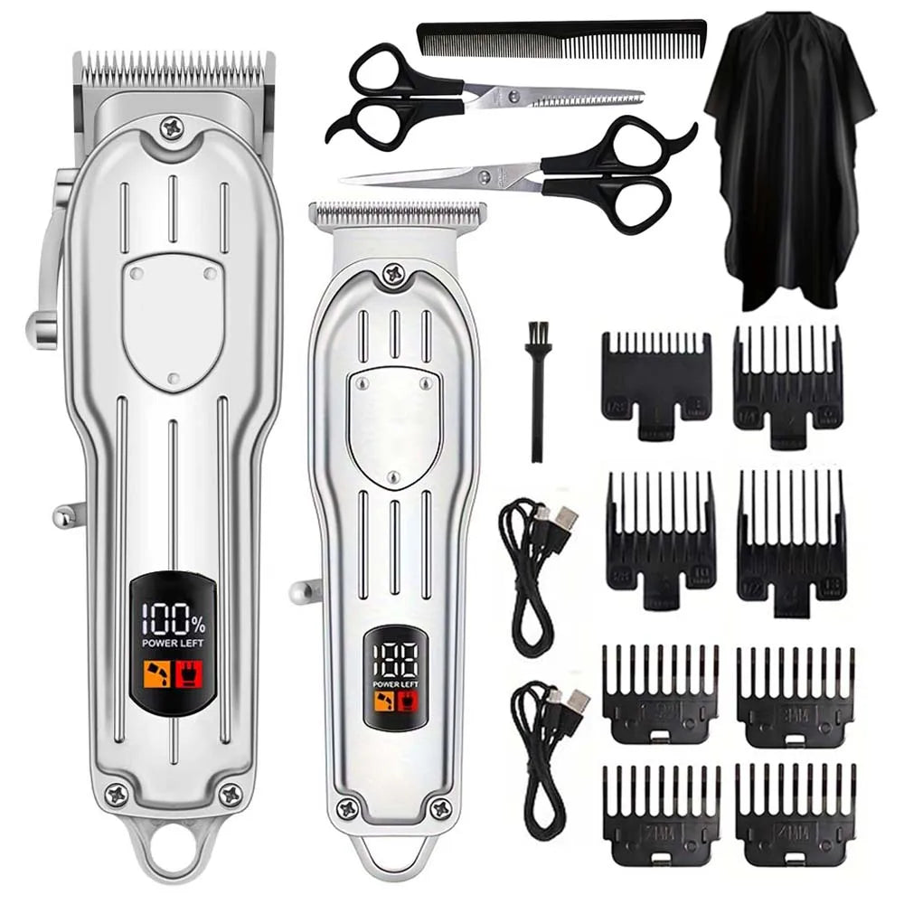 A set of professional cordless hair clippers and combs in silver and black.