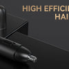 A black precision rechargeable nose hair trimmer is shown on a dark surface with text highlighting its use for nose, ear, and