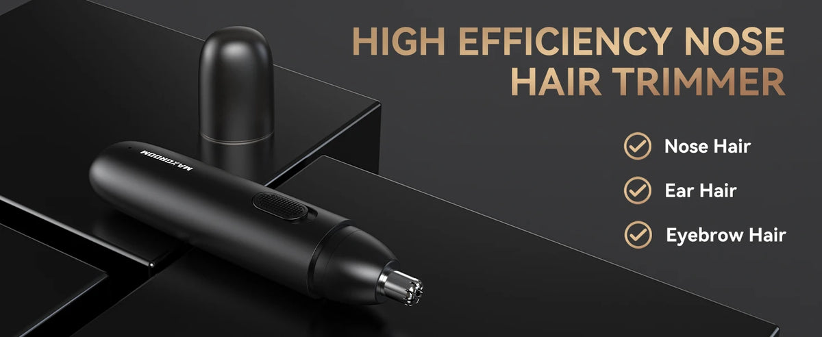 A black precision rechargeable nose hair trimmer is shown on a dark surface with text highlighting its use for nose, ear, and