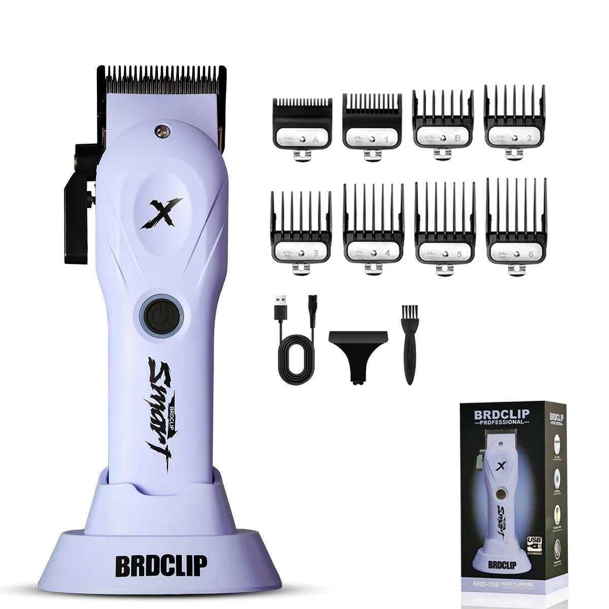 A purple BRDCLIP professional multi-function hair grooming kit with various grooming tools displayed.